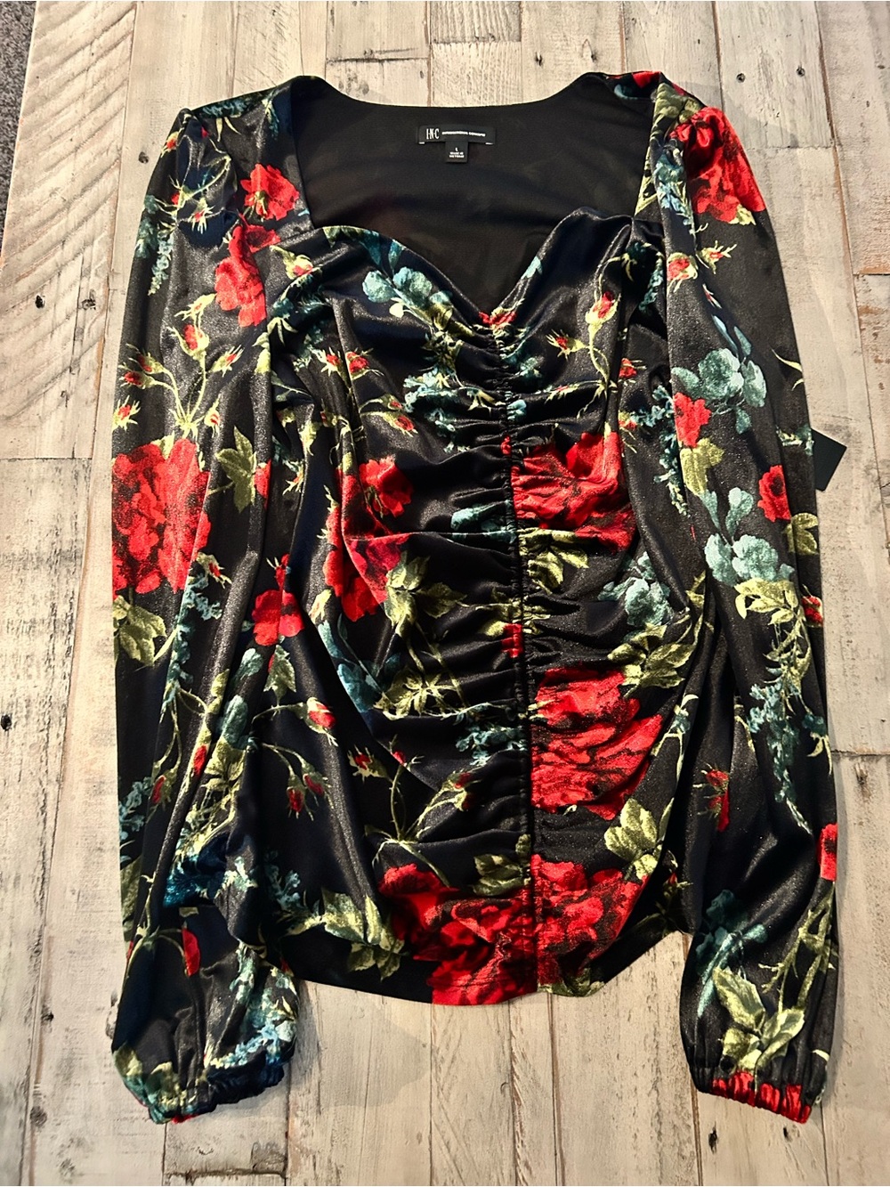 INC International Concepts Black Floral Ruched Long Sleeve Top